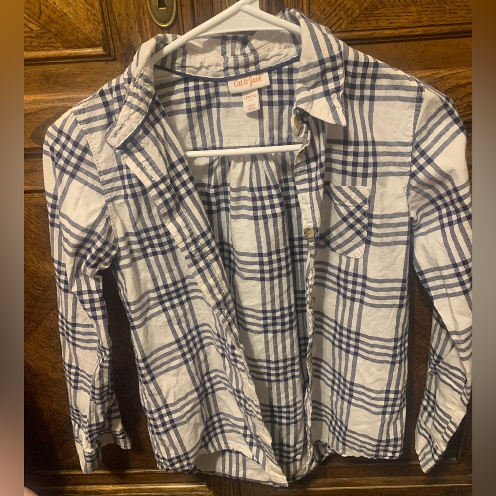 Cat & Jack Long Sleeve Plaid White & Blue Button-Down (Girls size L 10/12)